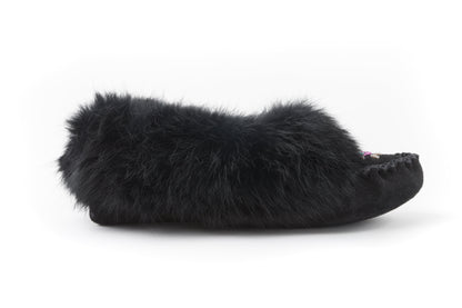 842 Ladies Black Rabbit Suede Moc with Fur and Fleece insert